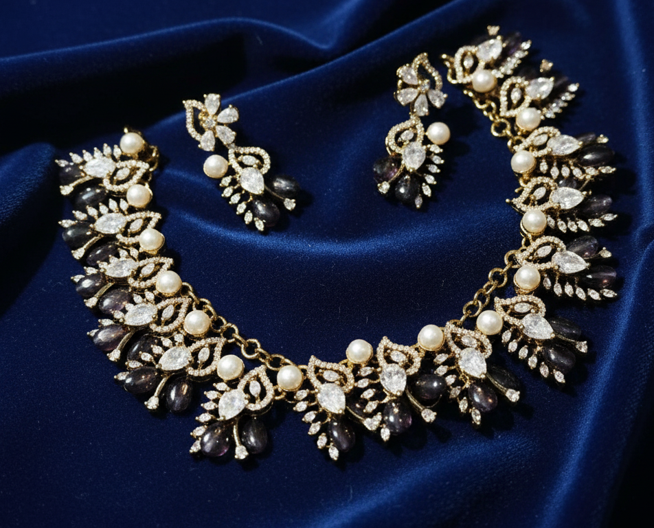 Gold-Plated Pearl & Stone Designer Necklace Set